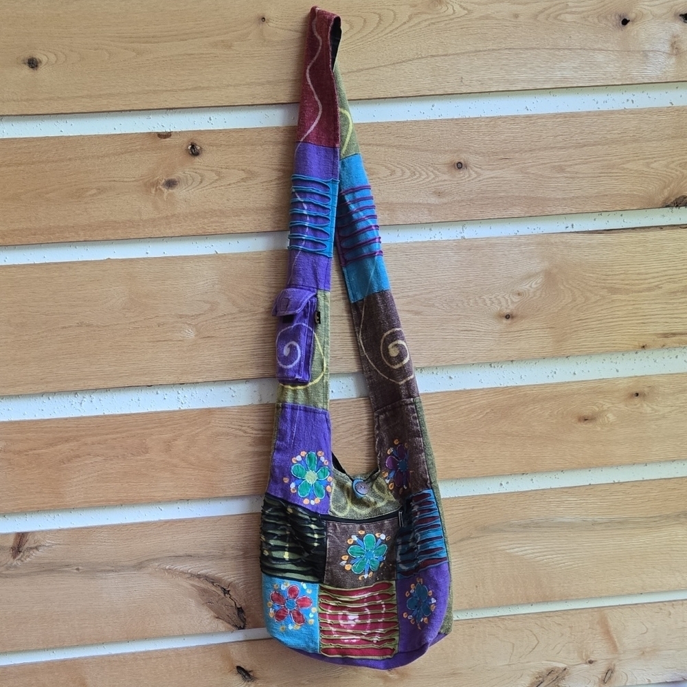 KC Boho Patchwork Floral Embroidery Razor Cut Hobo Crossbody Bag Multicolor